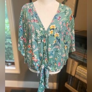 Lovestitch Kimono Sleeve Tie Front Floral Blouse Sz S